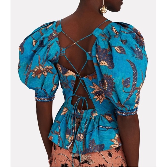 Ulla Johnson Puff-Sleeve Blue Floral Peplum Carlotta Blouse Size Small/4 - Picture 2 of 10